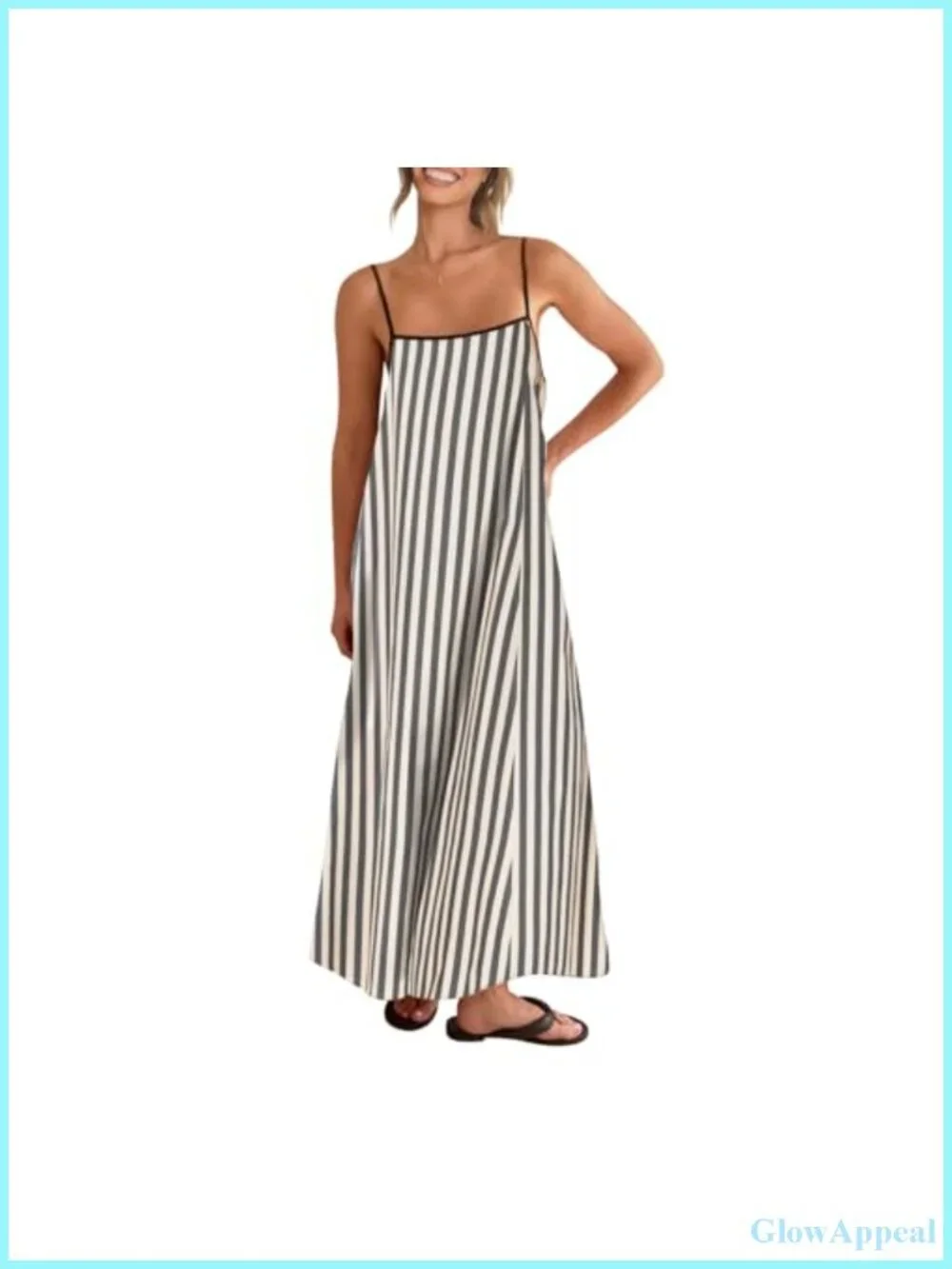 Linen Blend Maxi Dress with Contrast Trim Spaghetti Strap Backless Beach Dress